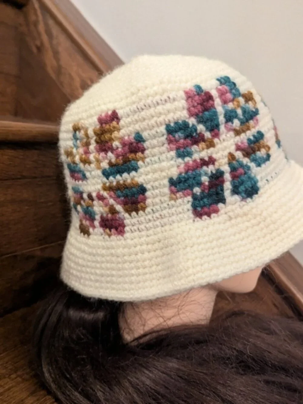 Y2K Multicolor Crochet Wool Ivory Bucket Hat, Granny Star Quilt Design OS - Picture 5 of 10